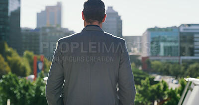 Buy stock photo Businessman, back view and outdoor for city planning, urban development or real estate insight in morning. Building ideas, property developer or town planner with opportunity for professional venture