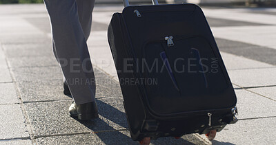 Buy stock photo Business travel, suitcase and person in city, legs or journey for job opportunity, walk and outdoor. Back, feet and employee with luggage on urban road, traveller and international trip for seminar