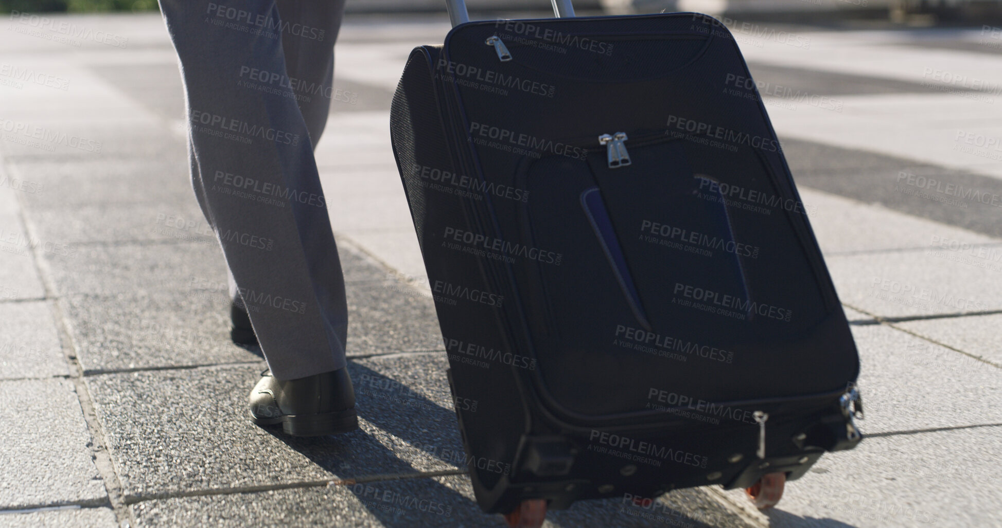 Buy stock photo Business travel, suitcase and person in city, legs or journey for job opportunity, walk and outdoor. Back, feet and employee with luggage on urban road, traveller and international trip for seminar