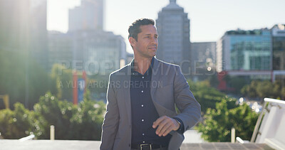 Buy stock photo Businessman, thinking and outdoor for city planning, urban development or real estate insight in morning. Building ideas, property developer or town planner with opportunity for professional venture
