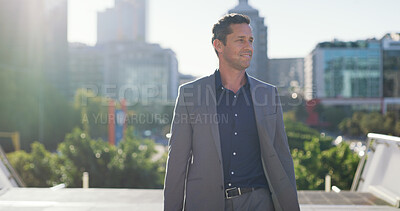 Buy stock photo Businessman, vision and outdoor for city planning, urban development with real estate insight or thinking. Building ideas, property developer or town planner with opportunity for professional venture