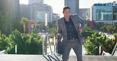 Buy stock photo Dancing, businessman and celebration in city, good news and happy for job promotion and achievement. Outdoor, employee and excited for career development, rhythm or person with opportunity on road