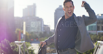 Buy stock photo Businessman, success and dancing in city, job promotion or celebration for good news or achievement. Outdoor, employee and excited for career development, rhythm or person with opportunity on road