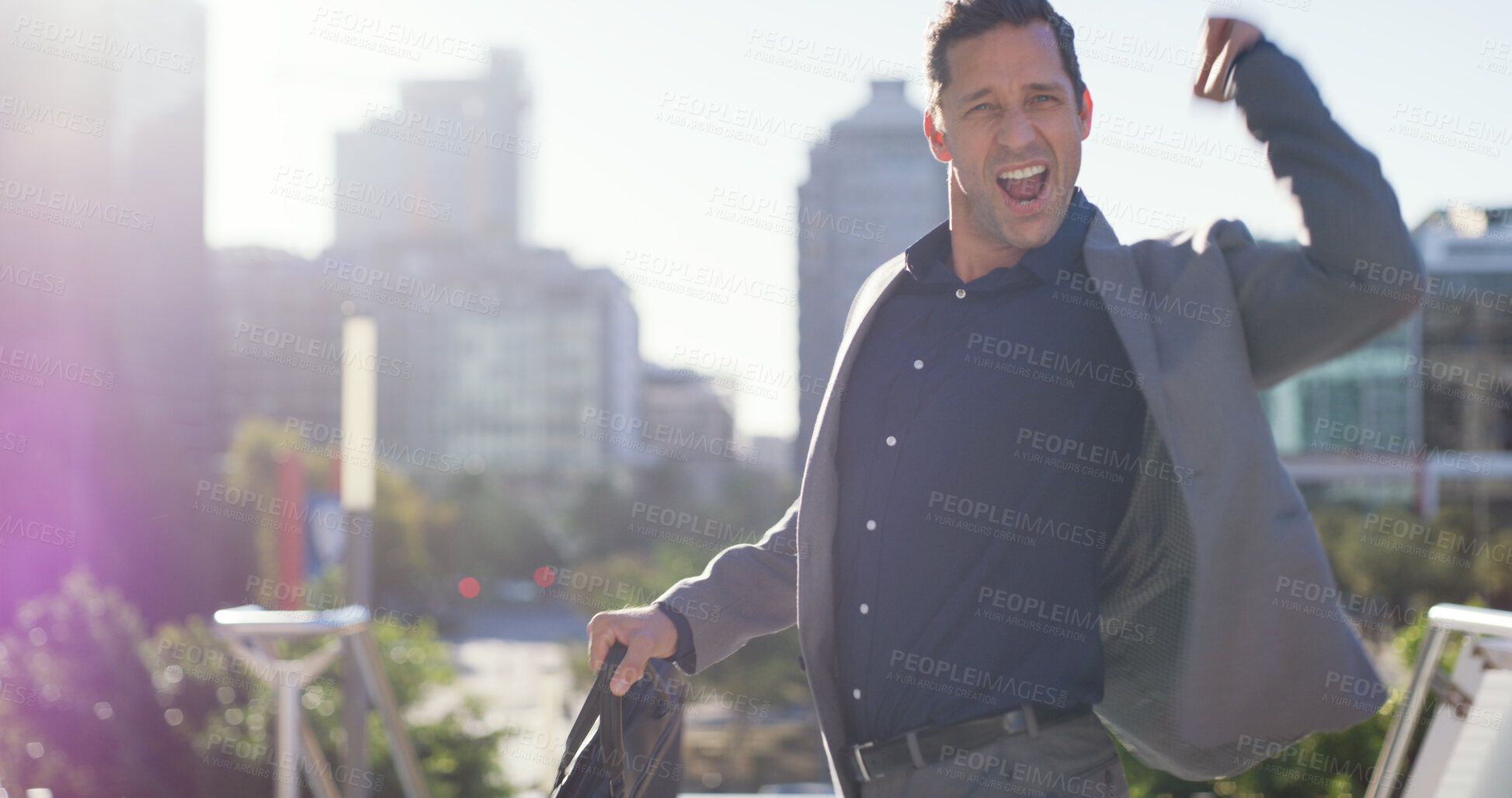 Buy stock photo Businessman, success and dancing in city, job promotion or celebration for good news or achievement. Outdoor, employee and excited for career development, rhythm or person with opportunity on road