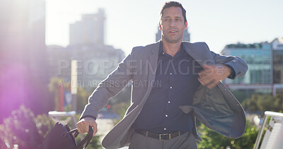 Buy stock photo Running, commute and business man in city for late appointment, rush and deadline. Time management,  travel and urgent meeting with male person outdoor for delay, schedule and hurry with flare