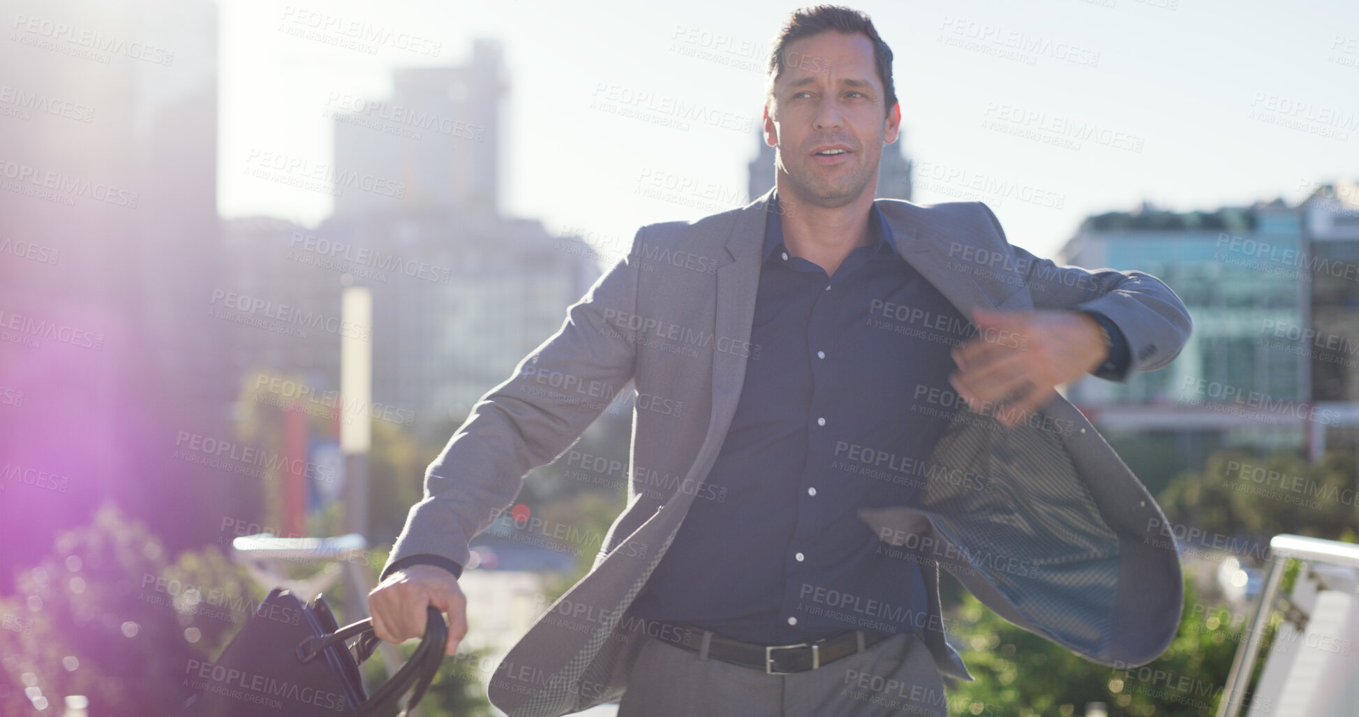 Buy stock photo Running, commute and business man in city for late appointment, rush and deadline. Time management,  travel and urgent meeting with male person outdoor for delay, schedule and hurry with flare