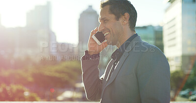 Buy stock photo Businessman, talk and smile with phone call in city for property negotiation, urban project or deal. Developer, mature person or speaking to investor outdoor for investment pitch, networking or space