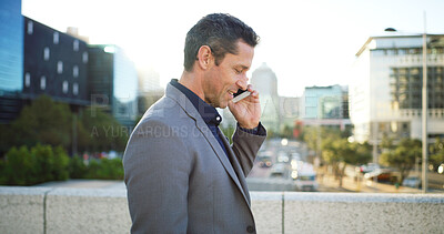 Buy stock photo Business, man or talking with phone call in city for purchase negotiation, urban project or funding. Property developer, mature person and speaking to investor outdoor for development budget and deal
