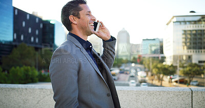 Buy stock photo Business, man and happy with phone call in city for purchase negotiation, urban project and funding. Property developer, mature person and speaking to investor outdoor for development budget and deal