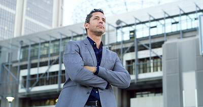 Buy stock photo Business man, thinking and arms crossed in city for property viewing, idea and planning outdoor. Urban development, male realtor and real estate investment with vision for buildings with space