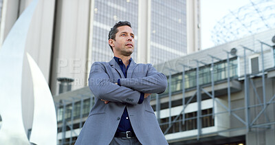 Buy stock photo Business man, thinking and vision in city for property viewing, idea and planning outdoor. Urban development, confident male realtor and real estate investment with opportunity, buildings and pride