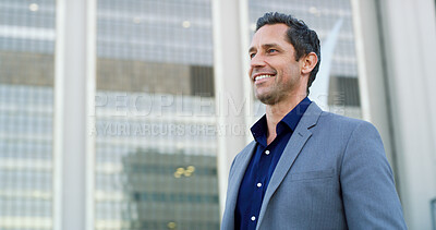 Buy stock photo Business man, thinking and smile in city for property viewing, idea and planning outdoor. Urban development, mature realtor and real estate investment with vision for buildings with pride and space