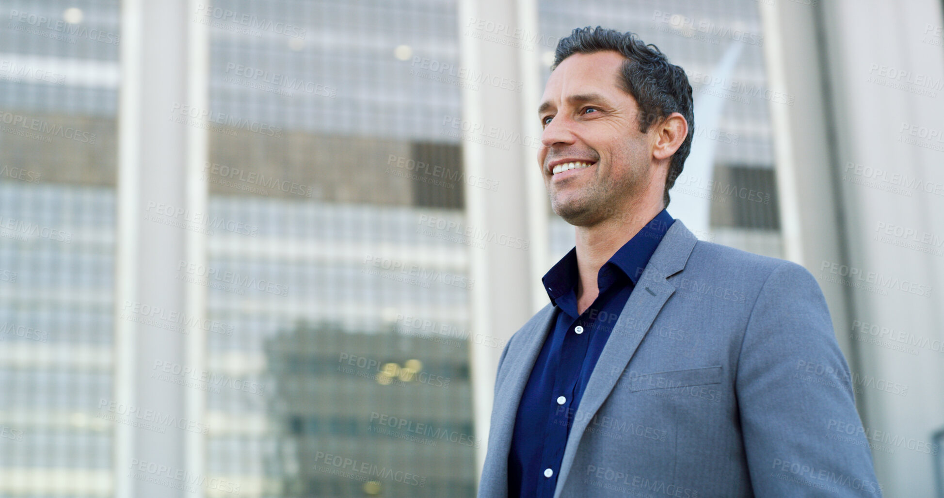 Buy stock photo Business man, thinking and smile in city for property viewing, idea and planning outdoor. Urban development, mature realtor and real estate investment with vision for buildings with pride and space