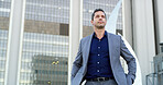 Thinking, business and man for commute in city for real estate, ideas and vision of urban development. Male realtor, walk and reflection for corporate career, infrastructure and expansion opportunity