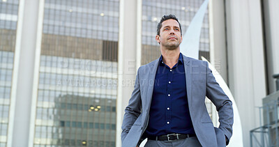 Buy stock photo Thinking, business and man for commute in city for real estate, ideas and vision of urban development. Male realtor, walk and reflection for corporate career, infrastructure and expansion opportunity