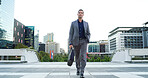 Thinking, business and man with briefcase in city for travel, planning and vision of urban development. Male realtor, walk and reflection on corporate career, infrastructure and expansion opportunity
