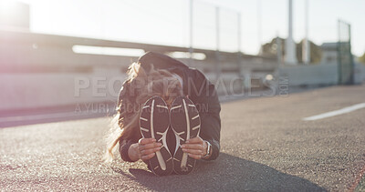 Buy stock photo Fitness, woman and stretching on street for health, wellness and preparation for exercise in city. Sports, athlete and seated forward bend for flexibility, warm up legs and runner outdoor on road