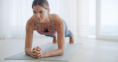 Buy stock photo Home, planking and woman with fitness, training and pilates with endurance, wellness and balance. Apartment, power and healthy person with exercise, workout or core with challenge and morning routine