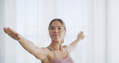 Buy stock photo Smile, woman and stretching for yoga at house for fitness, exercise hobby and holistic balance. Female person, warm up routine and warrior pose with peace practice, self care and wellness benefits
