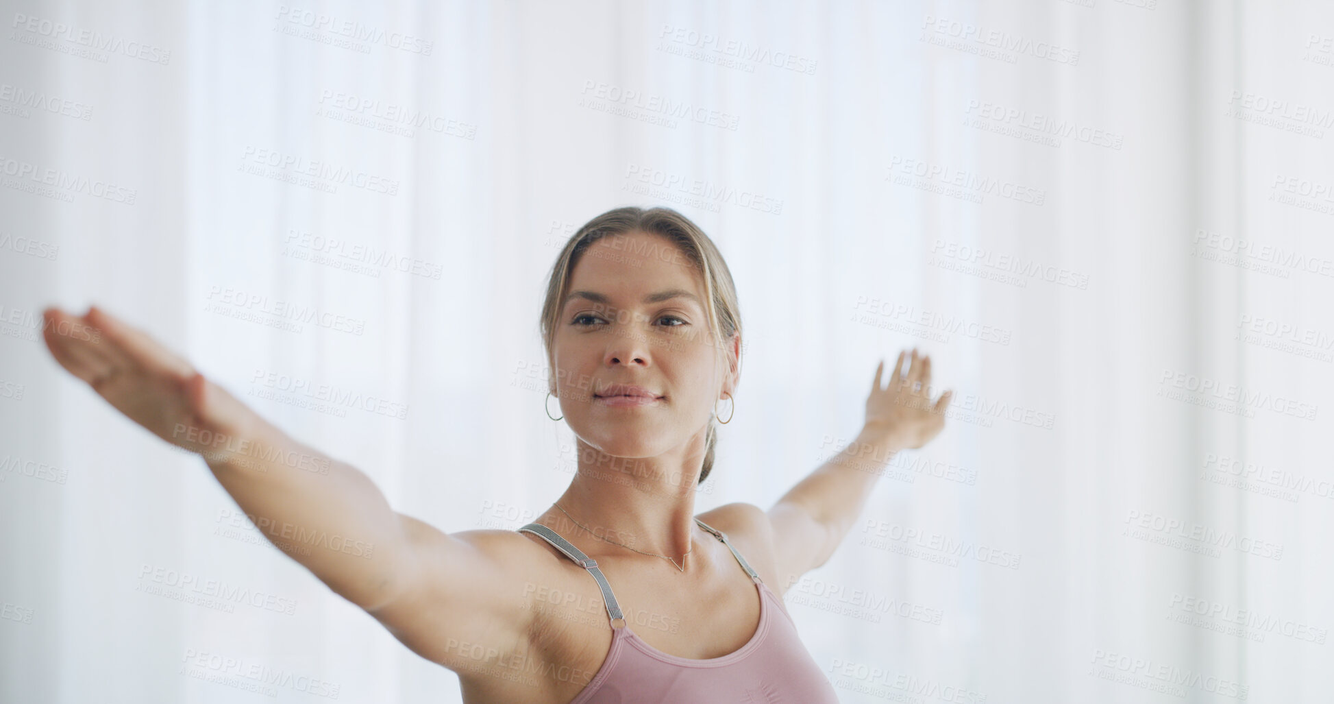 Buy stock photo Smile, woman and stretching for yoga at house for fitness, exercise hobby and holistic balance. Female person, warm up routine and warrior pose with peace practice, self care and wellness benefits
