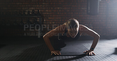 Buy stock photo Active, woman and pushup for fitness at gym with exercise, strength training and workout. Female person, body balance and hard work for bodybuilding, core activity and resilience with strong muscle