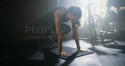 Buy stock photo Fitness, push up and woman running in gym for health, wellness and abdominal exercise for core training. Sports, mountain climber and athlete with stomach muscle workout for strength or endurance