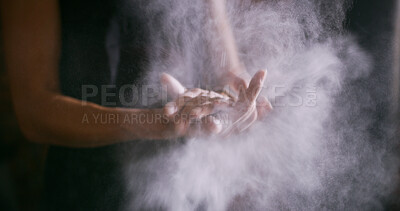 Buy stock photo Fitness, athlete and clapping hands with chalk at gym for workout, weightlifting or preparation. Bodybuilder, person and getting ready with powder for training grip, exercise challenge or performance