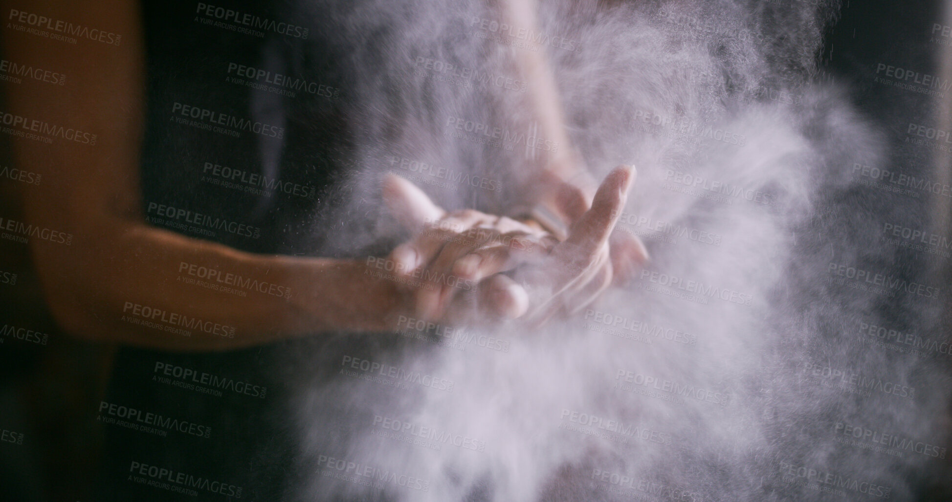 Buy stock photo Fitness, athlete and clapping hands with chalk at gym for workout, weightlifting or preparation. Bodybuilder, person and getting ready with powder for training grip, exercise challenge or performance