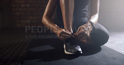 Buy stock photo Woman, hands and tie shoes at gym to start training, exercise preparation or fitness routine. Legs, athlete and fasten shoelace at sports center for workout comfort, getting ready and cardio practice