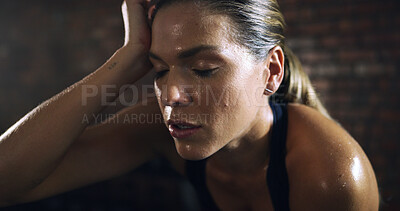 Buy stock photo Fitness, sweat and tired woman rest in gym for workout recovery, health and wellness. Sports break, exhausted athlete and fatigue with exercise challenge, breathing and intense cardio with burnout