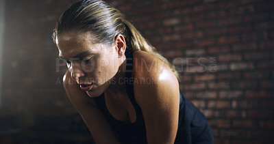 Buy stock photo Breathe, exercise with woman in gym rest with sweat for workout, fitness and training. Sports, break and person with fatigue, burnout and exhausted for wellness, recovery and endurance challenge