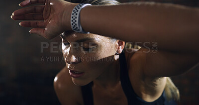 Buy stock photo Fatigue, fitness and woman sweat in gym for workout recovery, health and wellness break. Sports, tired and exhausted athlete rest for exercise challenge, breathing and intense cardio with burnout