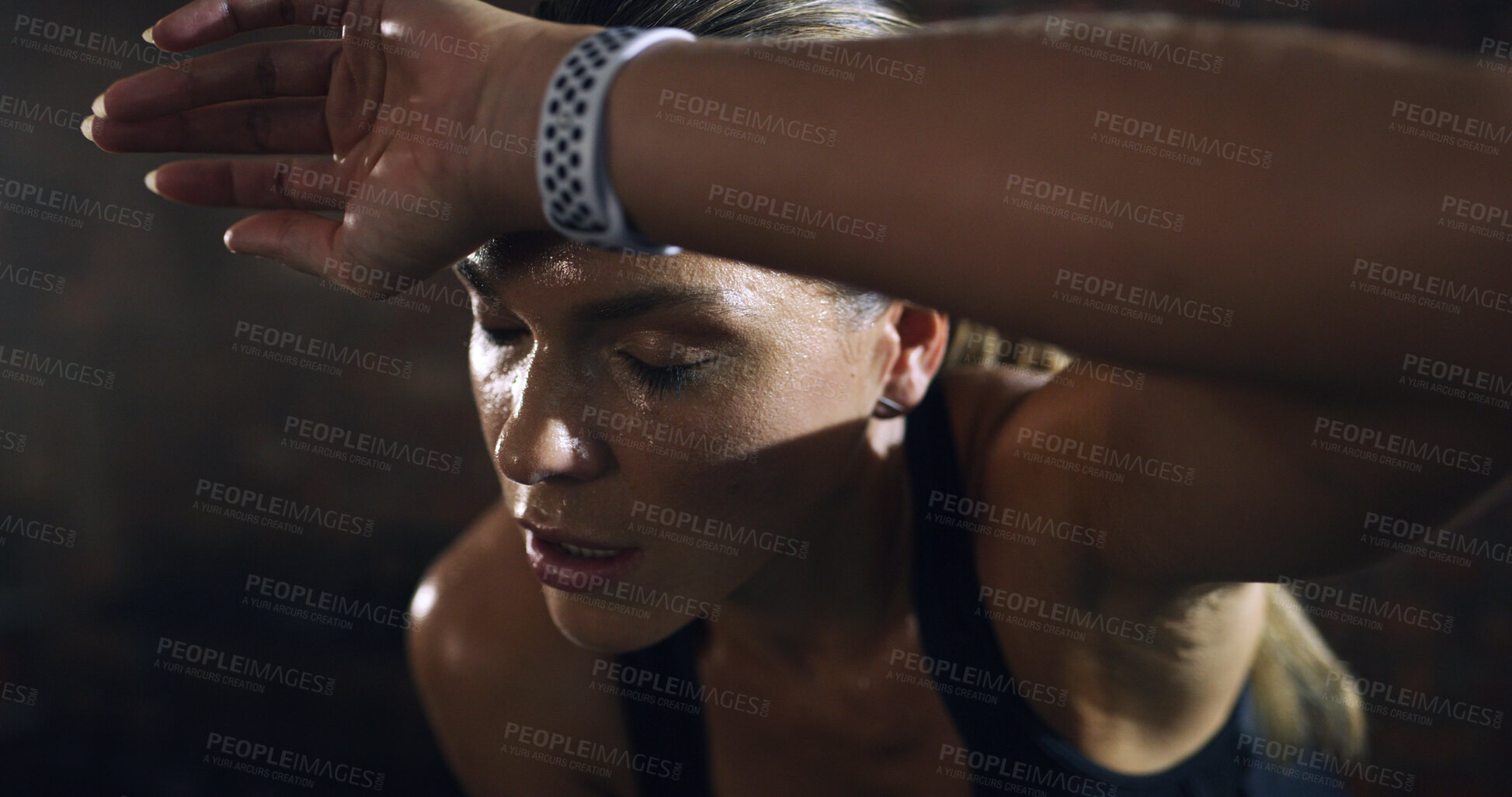Buy stock photo Fatigue, fitness and woman sweat in gym for workout recovery, health and wellness break. Sports, tired and exhausted athlete rest for exercise challenge, breathing and intense cardio with burnout