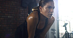 Breathe, fitness with woman in gym rest with sweat for workout, exercise and training. Sports, break and person with fatigue, burnout and exhausted for wellness, recovery and endurance challenge