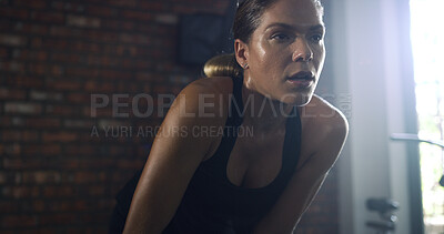 Buy stock photo Fitness, tried and woman with breathing at gym for intense workout, exercise fatigue and sweating. Space, exhausted athlete and rest at sports center for wellness challenge, training burnout or break
