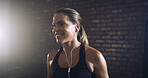Earphones, smile and workout with woman in gym for streaming fitness playlist, health and audio. Wellness podcast, flare and athlete or person and music in sports club for exercise and radio