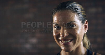 Buy stock photo Woman, sweat and portrait with smile for mockup space, intense workout and exercise for wellness. Female person, athlete and break for health, challenge and training rest for fitness or sport in gym