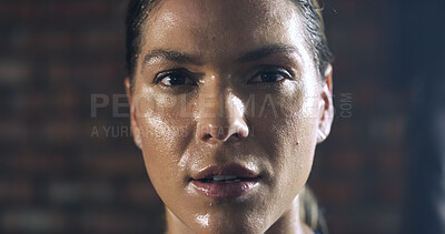 Buy stock photo Woman, sweat and portrait with athlete for exercise, intense workout rest and wellness and confidence. Female person, face and break for health, challenge and training for fitness or sport in gym