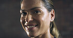 Woman, sweat and portrait with smile for workout, intense exercise and wellness rest or confidence. Female person, athlete and break for health, challenge and training for fitness or sport in gym
