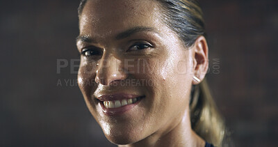 Buy stock photo Woman, sweat and portrait with smile for workout, intense exercise and wellness rest or confidence. Female person, athlete and break for health, challenge and training for fitness or sport in gym
