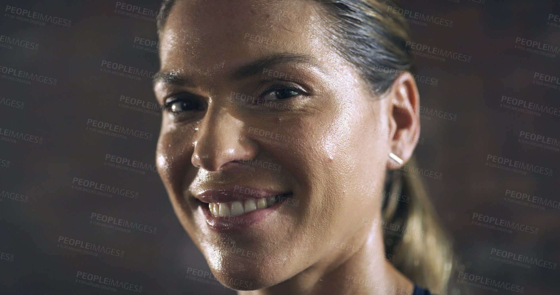 Buy stock photo Woman, sweat and portrait with smile for workout, intense exercise and wellness rest or confidence. Female person, athlete and break for health, challenge and training for fitness or sport in gym