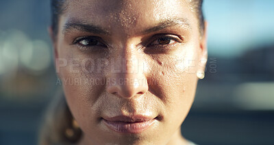 Buy stock photo Portrait, serious and athlete woman in city for fitness, fresh air and break of exercise recovery. Sweating, female person and runner resting for urban training, sports workout and marathon practice
