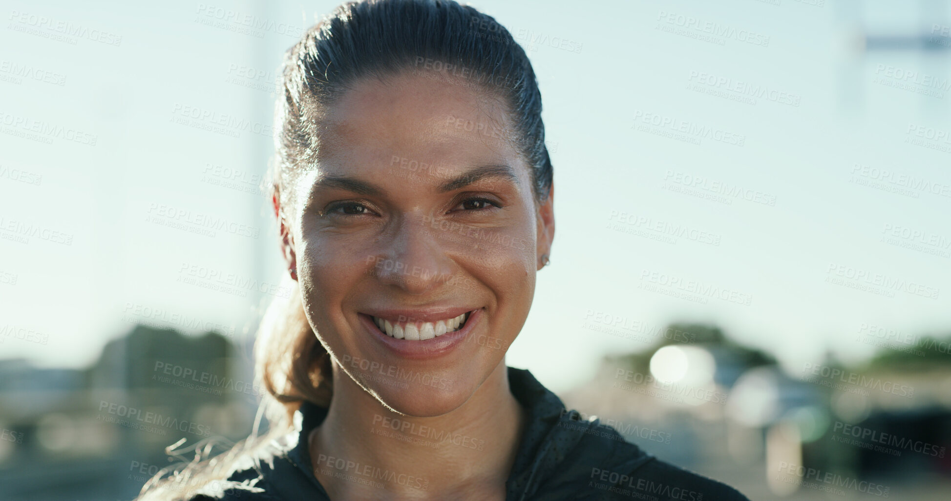 Buy stock photo Portrait, smile and athlete woman in city for fitness, fresh air and break with exercise recovery. Sweating, female person and runner resting from urban training, sports workout and marathon practice