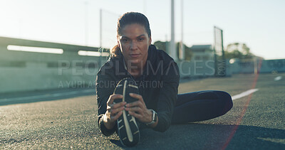 Buy stock photo Fitness, portrait and woman stretching legs on road for wellness, health or exercise preparation. Sports, runner and warm up hamstring muscle in city for flexibility, challenge or determination