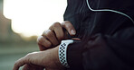 Smart watch, fitness and hands of woman in city for exercise, training and workout progress. Sports tech, runner and person check time for tracking heart rate, wellness app and performance outdoor
