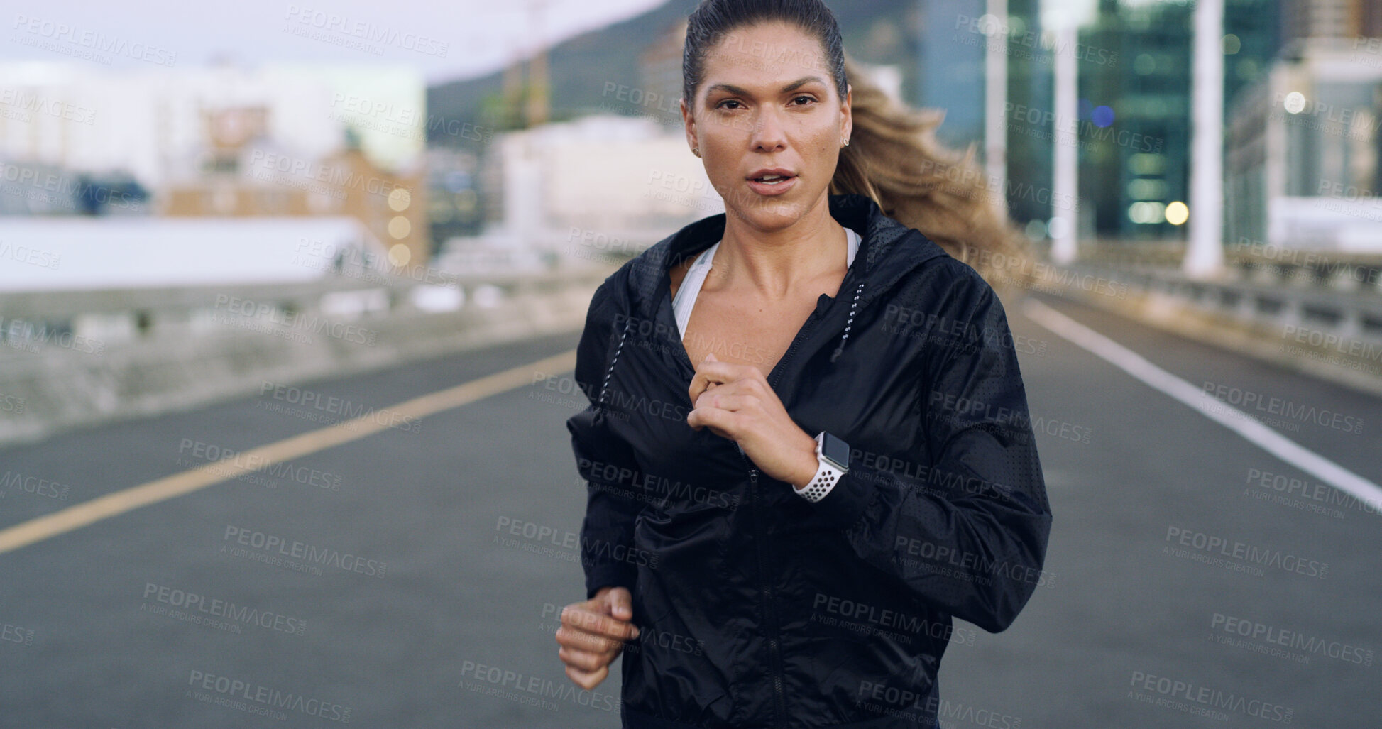 Buy stock photo Woman, running or fitness in city with energy, cardio health or wellness outdoor. Challenge, marathon preparation or endurance training with runner on street for pace, workout or exercise in portrait