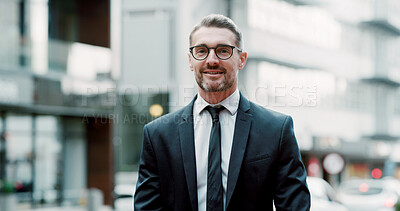 Buy stock photo Happy, city and portrait of business man with pride for urban development, real estate and commute. Professional, space and person smile for town planning, commercial building and property growth