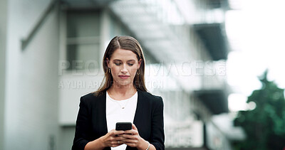 Buy stock photo Business woman, phone and texting in city, scroll or notification for networking on commute. Person, smartphone and outdoor with click, social media and mobile app for taxi booking in Argentina