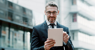 Buy stock photo Business, man and reading on tablet in city for travel, market research and property listing. Mature male realtor, digital and online review for real estate, location viewing and schedule appointment