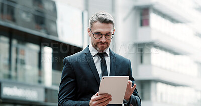 Buy stock photo Business, man and reading on tablet in city as realtor, market research and property listing. Mature agent, digital and online review for real estate permit, location viewing and schedule appointment